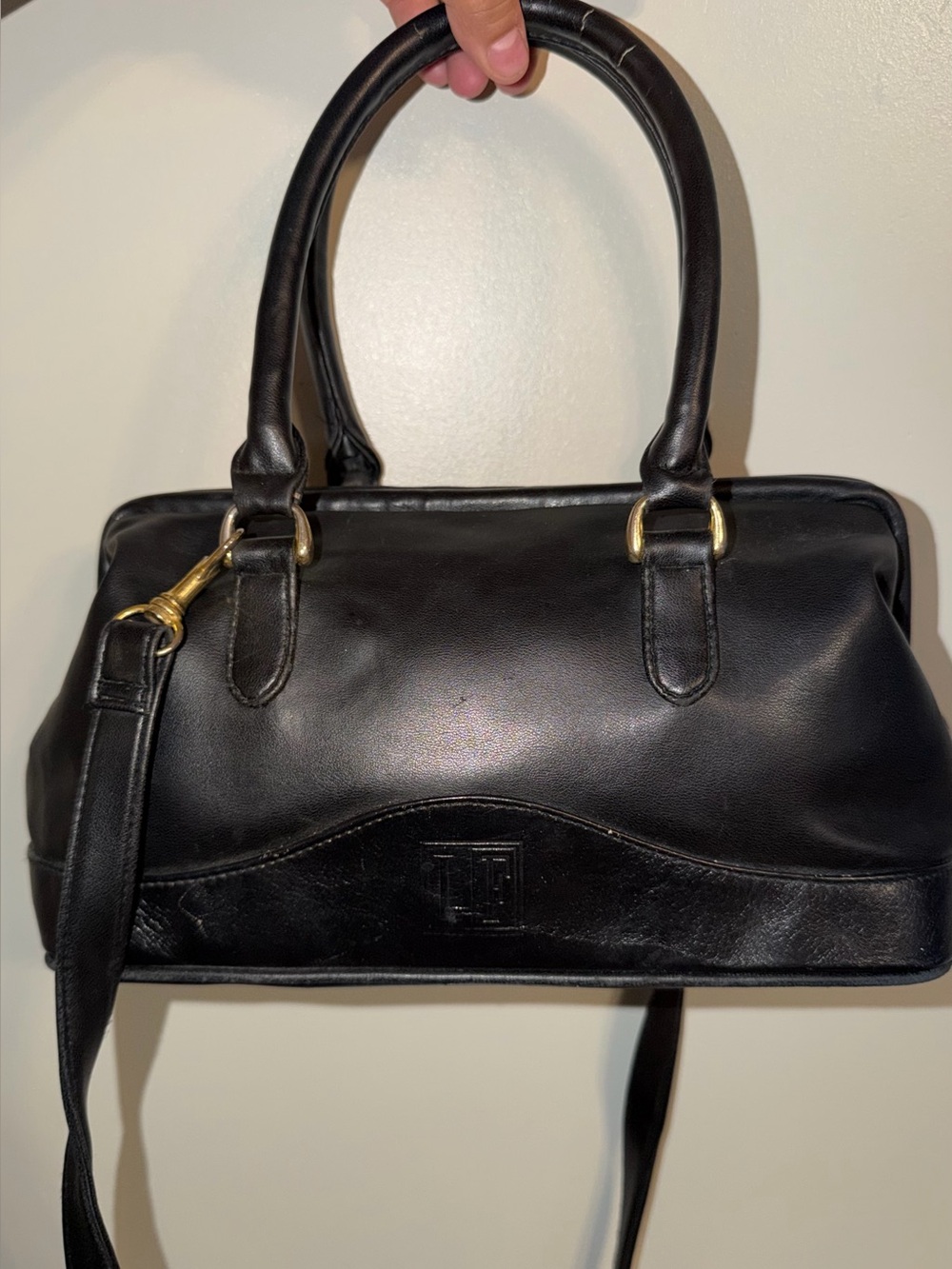 Leslie Fay Black Leather Shoulder Satchel with Gold-Tone Hardware